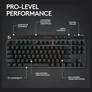Logitech G PRO X TKL LIGHTSPEED Wireless Gaming Keyboard Black, Tenkeyless Layout, GX Tactile Switches, 1ms LIGHTSPEED, LIGHTSYNC RGB