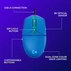 Logitech G203 LIGHTSYNC Blue Wired Gaming Mouse, Gaming-Grade Sensor, 200–8000 DPI, 6 Programmable Buttons, LIGHTSYNC RGB with 16.8 Million Colors, Classic 6-Button Design, Logitech G HUB Support