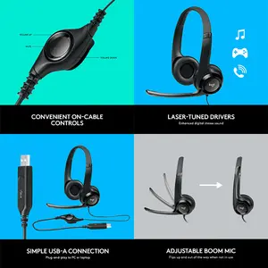 Logitech H390 USB-A Noise-Canceling Stereo Wired Headset, Digital Audio Performance, Inline Control Design, Professional Business Headphones