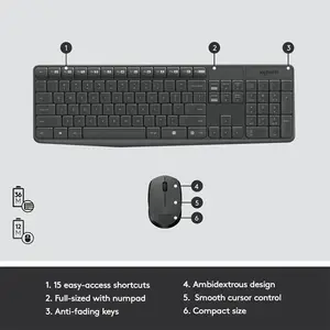 Logitech MK235 Wireless Keyboard and Mouse Combo, Full-Size Layout Design, Durable 2.4GHz Wireless Connectivity, Productivity Office Peripheral Set