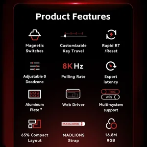 FGG MadLions MAD68 HE Theme Red Magnetic Gaming Keyboard, 68-Key Compact Layout, Hall Effect Switches, Rapid Trigger Technology, RGB Esports Gaming Keyboard