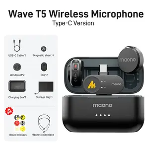 Maono Wave T5 Wireless Lavalier Microphone, USB-C/Lightning/3.5mm, 48kHz/24-bit Audio, AI Noise Cancellation, Charging Case