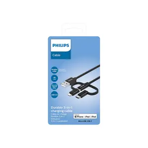 Philips Durable 3-in-1 Chargeable Cable, Multi-Connector Fast Charging and Data Transfer Design, Universal Mobile Device Charging Cable