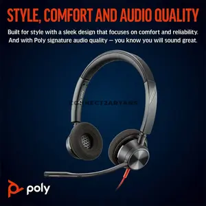 Plantronics Poly Blackwire 3320 8X220AA Stereo Microsoft Teams Certified USB-C Wired Headset, 32mm Drivers, Noise-Canceling Microphone, SoundGuard Digital & USB-C/A Adapter