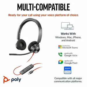 Plantronics Poly Blackwire 3320 8X220AA Stereo Microsoft Teams Certified USB-C Wired Headset, 32mm Drivers, Noise-Canceling Microphone, SoundGuard Digital & USB-C/A Adapter