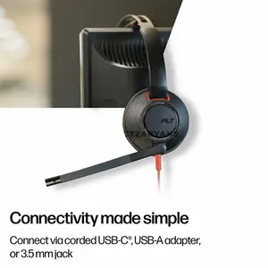 Plantronics Poly Blackwire C5220 8X231AA Stereo USB-C Wired Headset, 3.5mm Audio, USB-C/A Adapter, 28mm Drivers, Noise-Canceling Microphone, Dynamic EQ & SoundGuard Digital