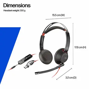 Plantronics Poly Blackwire C5220 8X231AA Stereo USB-C Wired Headset, 3.5mm Audio, USB-C/A Adapter, 28mm Drivers, Noise-Canceling Microphone, Dynamic EQ & SoundGuard Digital