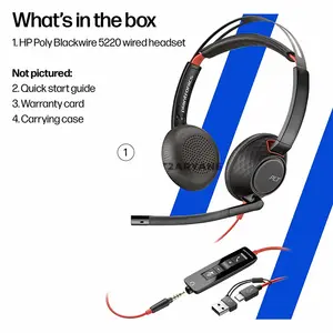 Plantronics Poly Blackwire C5220 8X231AA Stereo USB-C Wired Headset, 3.5mm Audio, USB-C/A Adapter, 28mm Drivers, Noise-Canceling Microphone, Dynamic EQ & SoundGuard Digital