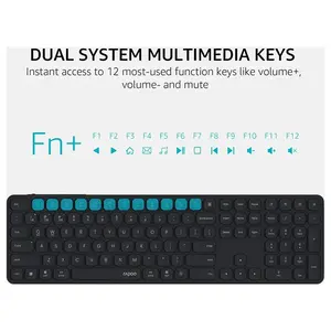Rapoo E9550L Wireless Rechargeable Keyboard Black, 110-Key Full-Size Layout, Bluetooth 5.0 & 2.4GHz Wireless, Ultra-Slim Design, Aluminum Alloy Frame, Multi-Device Keyboard