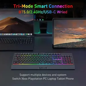 Redragon K525 Pro SHIVA Tri-Mode Membrane Gaming Keyboard, Anti-Ghosting Keys, Wireless Connectivity, RGB Backlighting