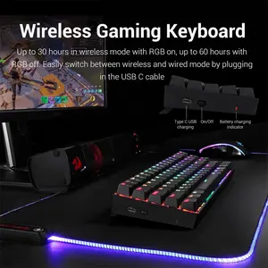 Redragon K599 KRS DEIMOS RGB Wireless Mechanical Gaming Keyboard Black Edition, Compact Layout Design, Wireless Connectivity, Red Mechanical Switches, RGB Backlighting Effects, High-Performance Gaming Keyboard
