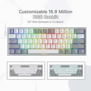 Redragon FIZZ K617 WG 60% RGB Mechanical Gaming Keyboard White and Gray, 61-Key Compact Layout, Mechanical Red Switches, RGB Backlighting Effects, Wired USB Connectivity, Gaming Keyboard