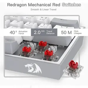 Redragon FIZZ K617 WG 60% RGB Mechanical Gaming Keyboard White and Gray, 61-Key Compact Layout, Mechanical Red Switches, RGB Backlighting Effects, Wired USB Connectivity, Gaming Keyboard