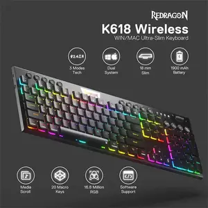 Redragon K618 Horus Pro RGB Low-Profile Mechanical Gaming Keyboard, Tri-Mode Wireless Connectivity, Low-Profile Mechanical Switch Design, RGB Backlighting Effects, Ultra-Slim High-Performance Gaming Keyboard