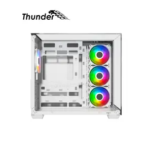 Thunder Battle Station TGC-666 White ATX Gaming Case, Three-Sided Tempered Glass Panels, 4 Pre-Installed ARGB Infinity Fans, Dual-Chamber Mid-Tower Design