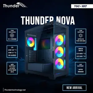 Thunder NOVA Gaming Case TGC-1017 Black, ATX Mid Tower Chassis, 4 Pre-Installed ARGB Infinity Mirror Fans, Tempered Glass Front and Side Panels, High-Airflow Showcase Gaming PC Case