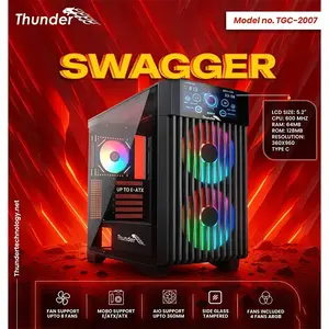 Thunder Swagger TGC-2007 Gaming Case Black, ATX Mid Tower Chassis, Integrated LCD Display Panel, 3 Pre-Installed ARGB Cooling Fans, Tempered Glass Side Panel, High-Airflow Showcase Gaming PC Case