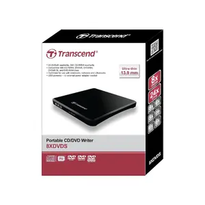 Transcend TS8XDVDS-K Extra Slim Portable DVD Writer, USB Powered External DVD±RW Drive, 8X DVD Write Speed, Ultra-Slim 13.9mm Optical Drive with CyberLink Software