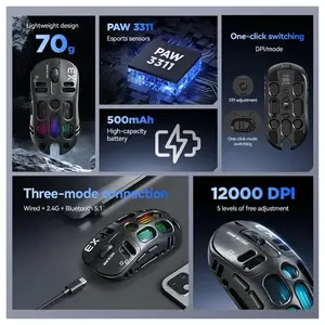 Twolf X3 Tri-Mode Lightweight Gaming Mouse, Wireless and Wired Connectivity, High-Precision Optical Sensor, Lightweight Ergonomic Design, Competitive Gaming Performance Mouse