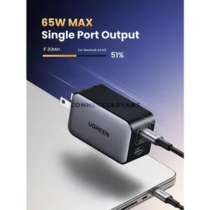 UGREEN 10334 Nexode 65W USB-C GaN 3-Port Fast Wall Charger Black US Plug, Dual USB-C & USB-A Ports, PD 3.0, QC 4.0+, PPS, 22.5W USB-A, Smart Power Distribution & Foldable Plug