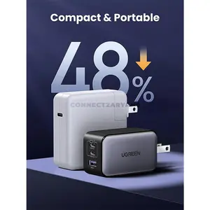 UGREEN 10334 Nexode 65W USB-C GaN 3-Port Fast Wall Charger Black US Plug, Dual USB-C & USB-A Ports, PD 3.0, QC 4.0+, PPS, 22.5W USB-A, Smart Power Distribution & Foldable Plug