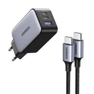 UGREEN 10335 65W GaN Fast Wall Charger, 3-Port Charging Adapter, Dual USB-C 45W + USB-A Output, GaN Technology, Multi-Device Fast Charging