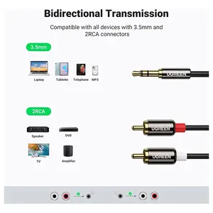 UGREEN 10590 3.5mm Male to 2RCA Audio Cable 3m, Stereo AUX to RCA Connection, Gold-Plated Connectors, High-Fidelity Audio Transmission Cable for Speakers and Amplifiers Black