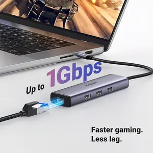 UGREEN 15598 USB-C to 3×USB 3.0 + HDMI + RJ45 + PD Converter 4K@30Hz 6-in-1 Hub, Multiport USB-C Adapter