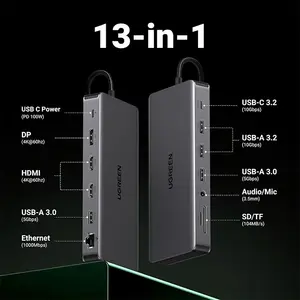 UGREEN 15978 USB-C to 2×USB-A 3.2 + 2×USB-A 3.0 + USB-C 3.2 + 2×HDMI + DisplayPort + RJ45 + SD/TF + 3.5mm + PD Converter 10Gbps 4K@60Hz 13-in-1 Hub