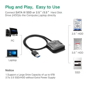 UGREEN 20611 USB to SATA Hard Drive Converter Cable, USB 3.0 5Gbps High-Speed Data Transfer, 2.5 Inch SATA HDD and SSD Support, Plug-and-Play External Drive Adapter, Portable Storage Access Cable EU Version Black