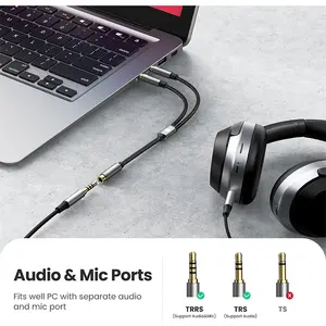 UGREEN 20899 3.5mm Female to Dual 3.5mm Male Audio Cable, Headphone and Microphone Splitter Adapter, Aluminum Alloy Housing, Stereo Audio and Mic Extension Cable Black