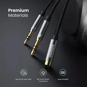 UGREEN 20899 3.5mm Female to Dual 3.5mm Male Audio Cable, Headphone and Microphone Splitter Adapter, Aluminum Alloy Housing, Stereo Audio and Mic Extension Cable Black