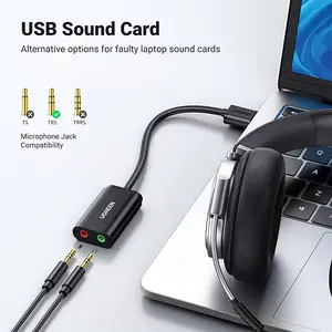 UGREEN 30724 USB-A to 3.5mm External Stereo Sound Adapter, USB Audio Interface, Stereo Audio Output and Microphone Input Support, Plug-and-Play USB Sound Card, 15cm Cable Black
