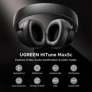 UGREEN HP203 35757 HiTune Max 5C Hybrid ANC Wireless Over-Ear Headphones Black, 43dB Active Noise Cancellation, Hi-Res LDAC 96kHz/24-bit Audio, 40mm Dynamic Drivers, Bluetooth 5.4, Spatial Audio, 75-Hour Battery & 80ms Low-Latency Gaming Mode