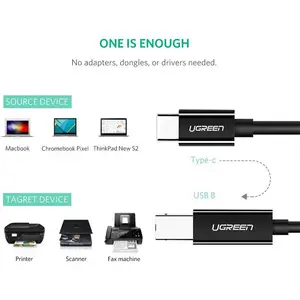 UGREEN 50446 USB-C to USB-B 2.0 Printer Cable 2m, 480Mbps Data Transfer Speed, Plug-and-Play Connectivity, USB Type-C to Printer Scanner Device Cable Black