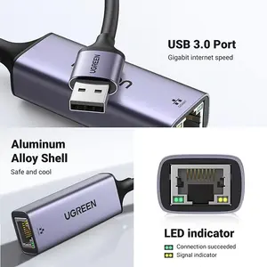 UGREEN 50922 USB to RJ45 Ethernet Adapter Aluminum Case Space Gray, Gigabit LAN Adapter, USB Network Connectivity