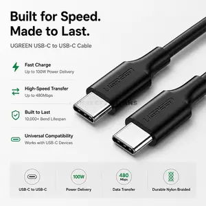 UGREEN 50997 60W USB-C to USB-C PD 3.0 Fast Charging & Data Cable 1M Black, 3A Power Delivery, 480Mbps Data Transfer, Gold-Plated Connectors, Shielded Copper Conductors for iPhone 15, MacBook Pro, iPad Pro, Samsung Galaxy, Google Pixel, PS5 & Nintend