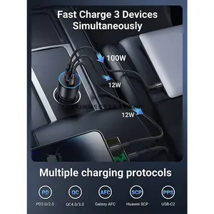 UGREEN 55511 130W 3-Port Fast Car Charger with 100W USB-C Cable, 100W USB-C PD 3.0, Dual USB-C & USB-A Ports, QC 4.0, PPS, SCP, AFC Fast Charging, Thermal Guard & 12V-24V Vehicle Compatibility
