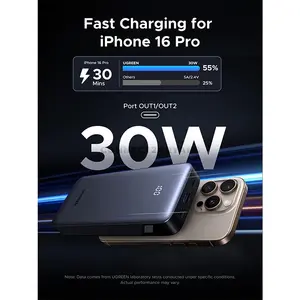 UGREEN 55989B 20000mAh 30W Two-Way Fast Charging Power Bank, Dual USB-C & USB-A 3-Port Output, 30W USB-C Recharge, UFCS 33W Max, Smart LED Digital Display, V-0 Safety Shell & 0.5M USB-C Cable