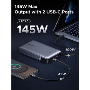 UGREEN 55992B 20000mAh 145W Fast Charging Power Bank, Built-In USB-C Cable, 100W USB-C Output, 80W Fast Recharge, 3-Device Simultaneous Charging