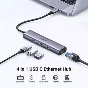 UGREEN 60600 USB-C to 3×USB 3.0 Hub + RJ45 Gigabit Ethernet Adapter 4-in-1, Multiport USB-C Hub, 1000Mbps LAN