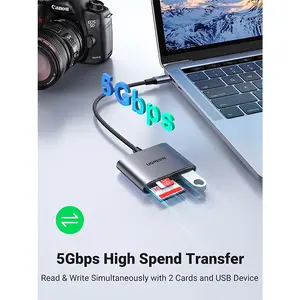 UGREEN 80798 USB-C to SD TF and USB 2.0 Card Reader, 5Gbps High-Speed Data Transfer, Dual Memory Card Slot Support, USB Type-C Multi-Function Card Adapter Black