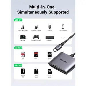 UGREEN 80798 USB-C to SD TF and USB 2.0 Card Reader, 5Gbps High-Speed Data Transfer, Dual Memory Card Slot Support, USB Type-C Multi-Function Card Adapter Black