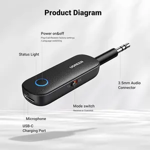 UGREEN 80893 Bluetooth Transmitter & Receiver Black Bluetooth 5.0 Audio Adapter, Wireless AUX Connectivity, Dual Mode