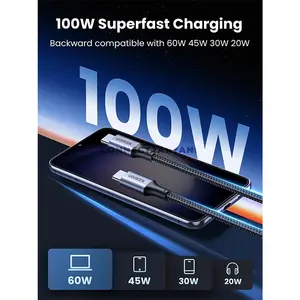 UGREEN 90120 USB-C to USB-C 100W 5A Fast Charging Cable 3M, 100W Power Delivery, 480Mbps Data Transfer, Nylon Braided Male-to-Male USB Type-C Cable for Laptops, Tablets, Smartphones & USB-C Devices