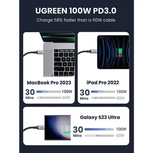 UGREEN 90120 USB-C to USB-C 100W 5A Fast Charging Cable 3M, 100W Power Delivery, 480Mbps Data Transfer, Nylon Braided Male-to-Male USB Type-C Cable for Laptops, Tablets, Smartphones & USB-C Devices