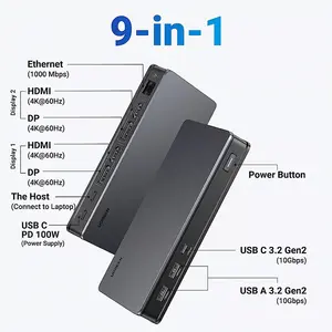 UGREEN 90912 USB-C to 2×USB 3.2 + USB-C 3.2 + 2×HDMI + 2×DisplayPort + RJ45 + PD Converter 10Gbps 4K@60Hz 9-in-1 Hub
