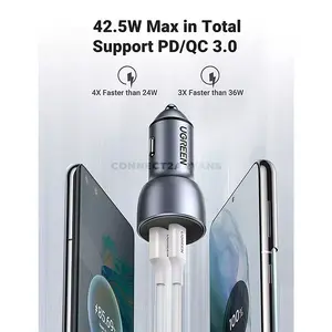 UGREEN 60980 CD213 52.5W USB-C & USB-A Fast Car Charger, 30W PD 3.0, 22.5W SCP, QC 3.0, Dual-Port Charging, Aluminum Alloy, Space Grey
