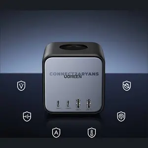 UGREEN 60113 CD268 DigiNest Cube 65W GaN Charging Station Black, 2 USB-C & 2 USB-A Fast Charging Ports, 3 AC Outlets, PD 3.0, PPS, QC 4.0+, 3680W Power Strip, 1.8M Cable & EU Plug