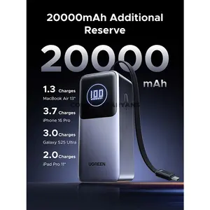 UGREEN Nexode Pro 55365 20000mAh 130W Fast Charging Power Bank, Built-in 100W USB-C Cable, 80W Fast Recharging, USB-C & USB-A Triple-Port Charging, PPS 45W, PD, QC, AFC, FCP & SCP Support